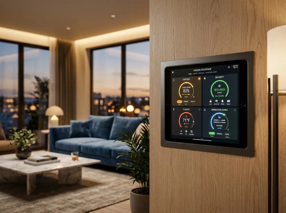 Painel de automação residencial em sala de estar